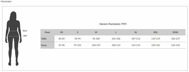 Matentabel 7171 aangepaste heren broek met zitsnit en ritsen in broekspijpen